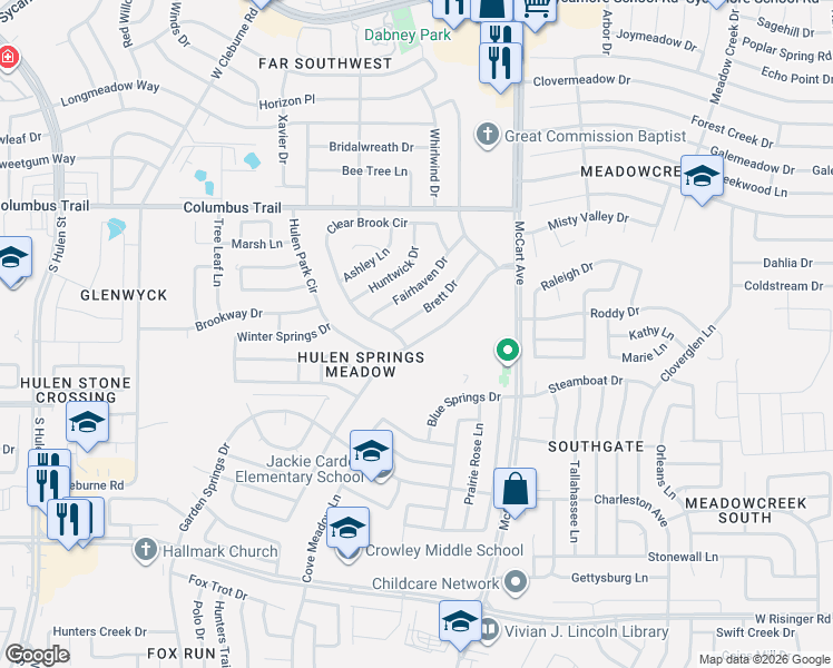 map of restaurants, bars, coffee shops, grocery stores, and more near 3743 Hulen Park Circle in Fort Worth