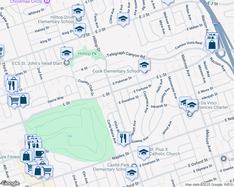 map of restaurants, bars, coffee shops, grocery stores, and more near 10 East L Street in Chula Vista