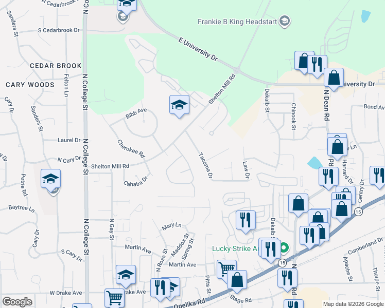 map of restaurants, bars, coffee shops, grocery stores, and more near 816 Tullahoma Drive in Auburn