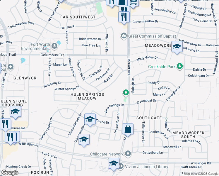 map of restaurants, bars, coffee shops, grocery stores, and more near 3715 Hulen Park Circle in Fort Worth