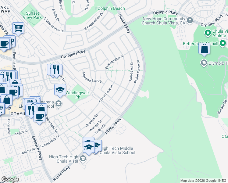 map of restaurants, bars, coffee shops, grocery stores, and more near 1740 Copper Penny Drive in Chula Vista