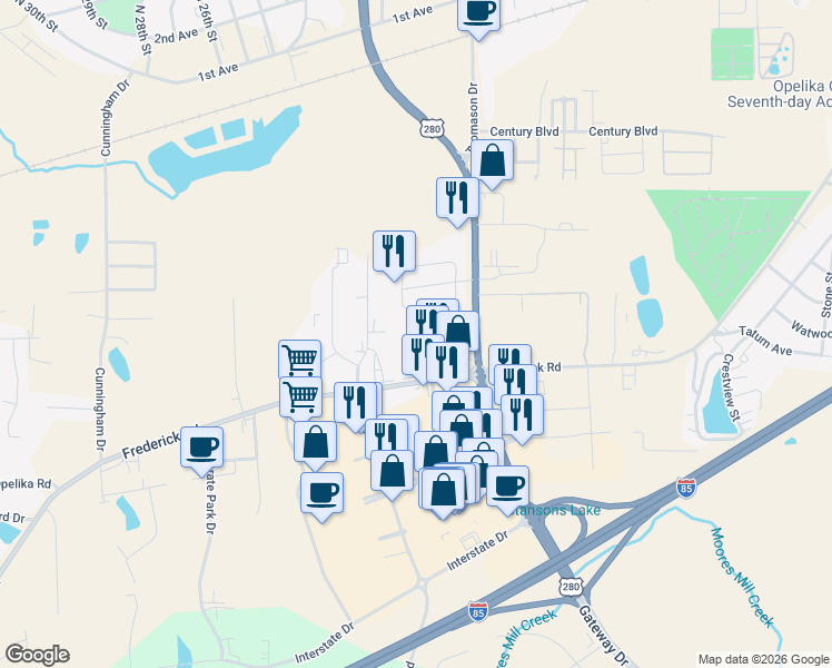 map of restaurants, bars, coffee shops, grocery stores, and more near 2101 Henderson Drive in Opelika
