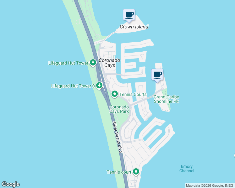 map of restaurants, bars, coffee shops, grocery stores, and more near 14 Bahama Bend in Coronado