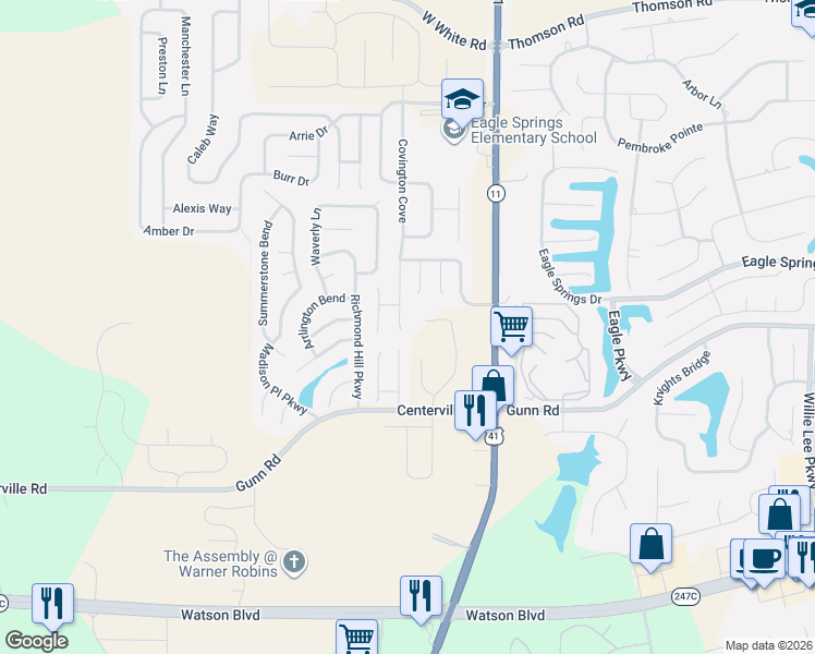map of restaurants, bars, coffee shops, grocery stores, and more near 510 Covington Cove in Byron