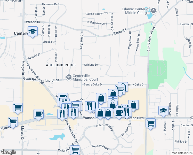 map of restaurants, bars, coffee shops, grocery stores, and more near 417 Sentry Oaks Drive in Warner Robins