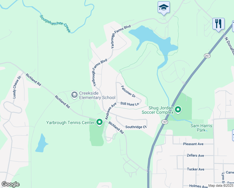 map of restaurants, bars, coffee shops, grocery stores, and more near Andrews Avenue in Auburn