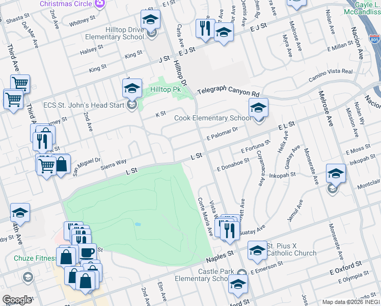 map of restaurants, bars, coffee shops, grocery stores, and more near 51 L Street in Chula Vista
