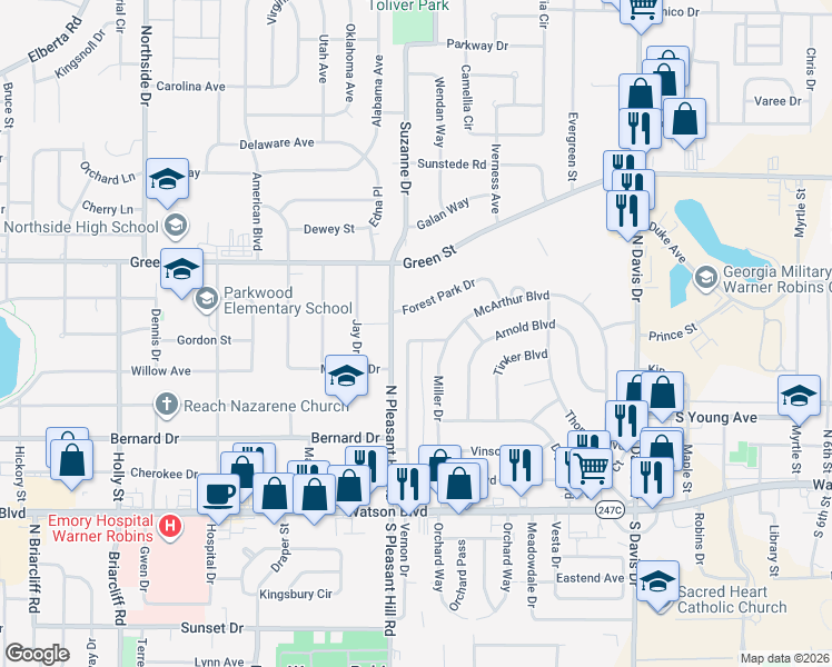map of restaurants, bars, coffee shops, grocery stores, and more near 621 McArthur Boulevard in Warner Robins