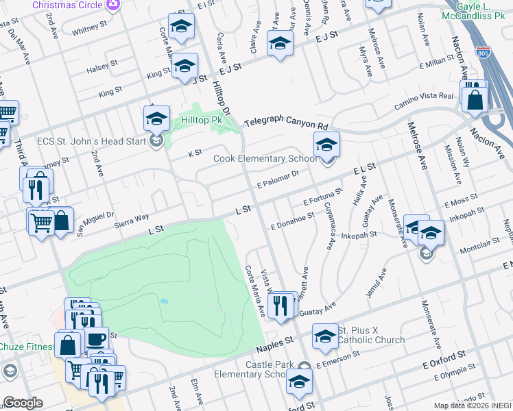 map of restaurants, bars, coffee shops, grocery stores, and more near 2 L Street in Chula Vista