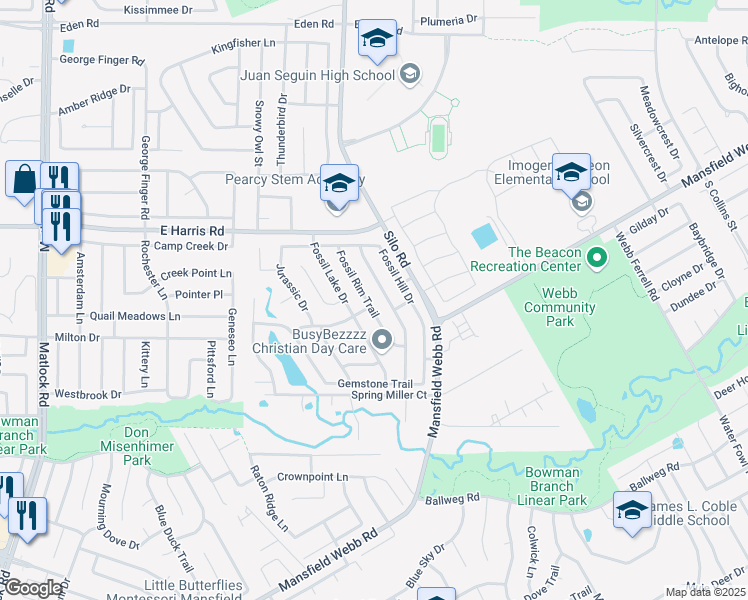map of restaurants, bars, coffee shops, grocery stores, and more near 7229 Fossil Rim Trail in Arlington