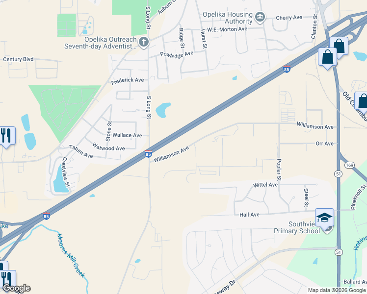 map of restaurants, bars, coffee shops, grocery stores, and more near 802 Williamson Avenue in Opelika