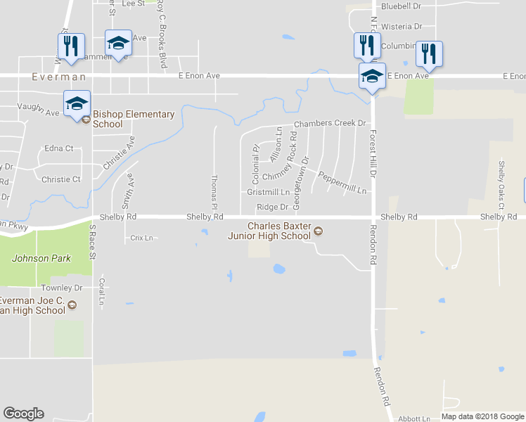 map of restaurants, bars, coffee shops, grocery stores, and more near 404 Ridge Drive in Everman