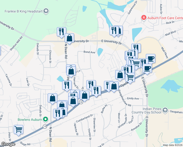 map of restaurants, bars, coffee shops, grocery stores, and more near 1114 Country Circle in Auburn