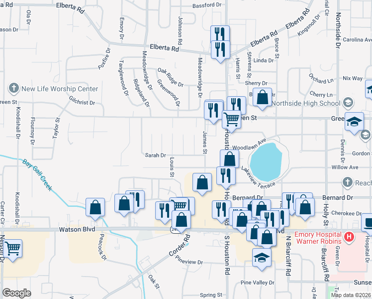 map of restaurants, bars, coffee shops, grocery stores, and more near 307 Sarah Drive in Warner Robins