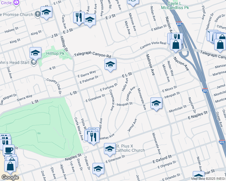 map of restaurants, bars, coffee shops, grocery stores, and more near 94 East Donahoe Street in Chula Vista