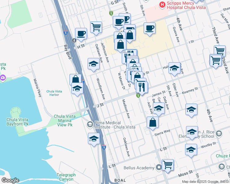 map of restaurants, bars, coffee shops, grocery stores, and more near 683 J Street in Chula Vista