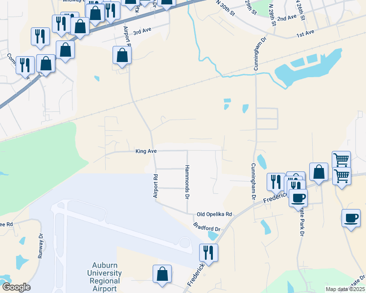 map of restaurants, bars, coffee shops, grocery stores, and more near 3201-3299 King Avenue in Opelika