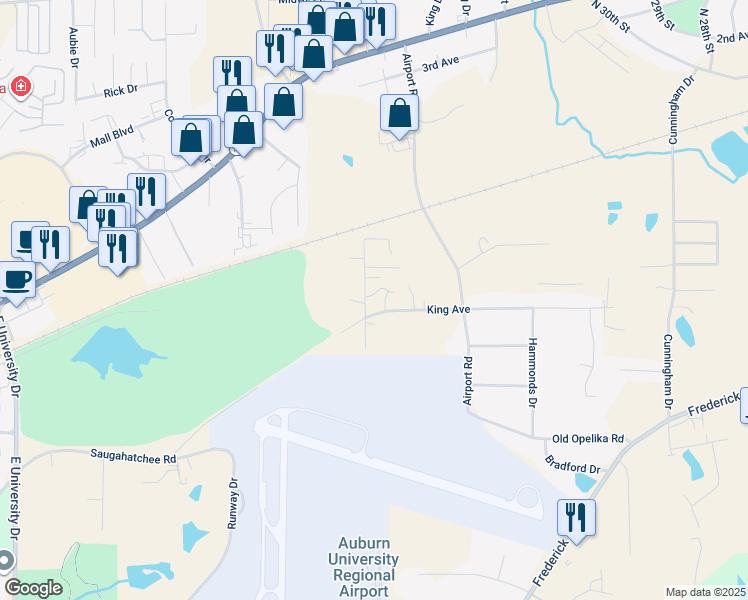map of restaurants, bars, coffee shops, grocery stores, and more near 3550-3598 King Avenue in Opelika
