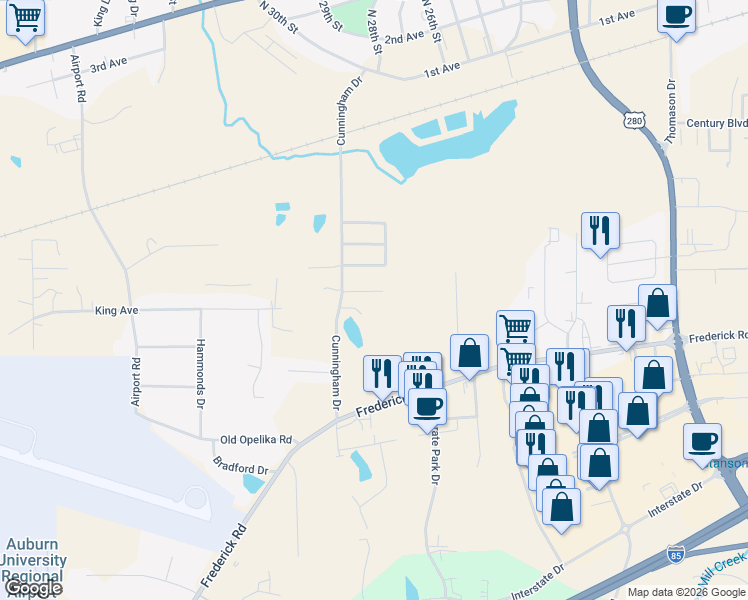 map of restaurants, bars, coffee shops, grocery stores, and more near 2703 Cunningham Court in Opelika