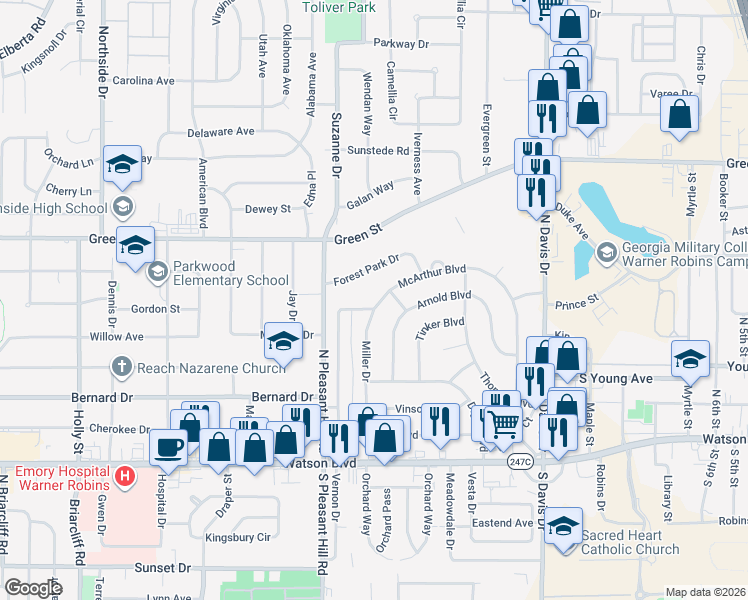 map of restaurants, bars, coffee shops, grocery stores, and more near 610 Miller Drive in Warner Robins