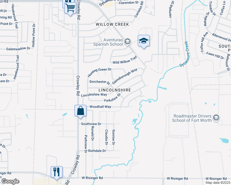 map of restaurants, bars, coffee shops, grocery stores, and more near 1632 Yorkshire Street in Fort Worth