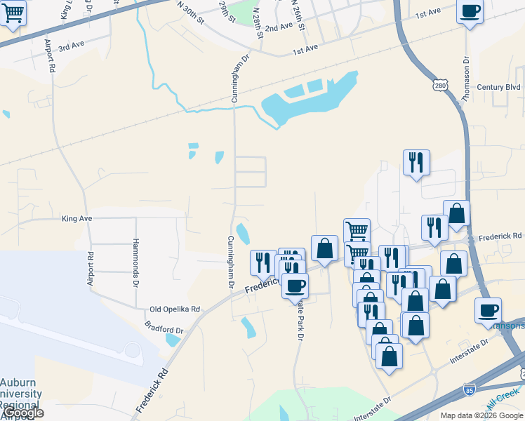 map of restaurants, bars, coffee shops, grocery stores, and more near 2703 Cunningham Court in Opelika