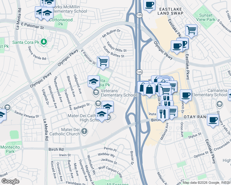 map of restaurants, bars, coffee shops, grocery stores, and more near 1561 Hunters Glen Avenue in Chula Vista