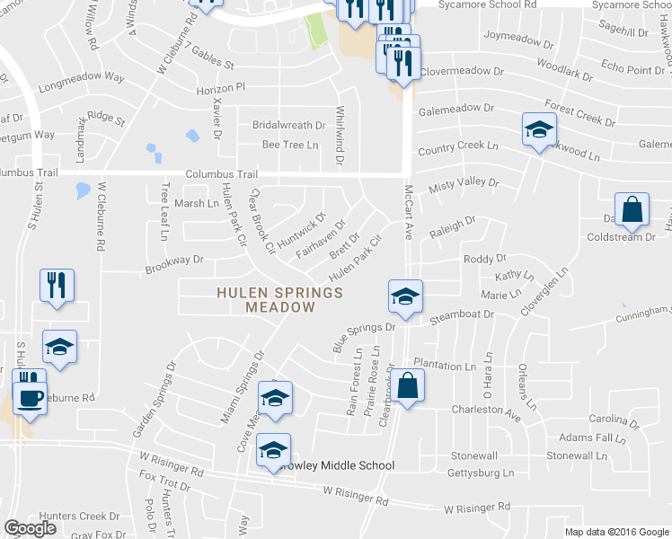 map of restaurants, bars, coffee shops, grocery stores, and more near 3720 Hulen Park Circle in Fort Worth