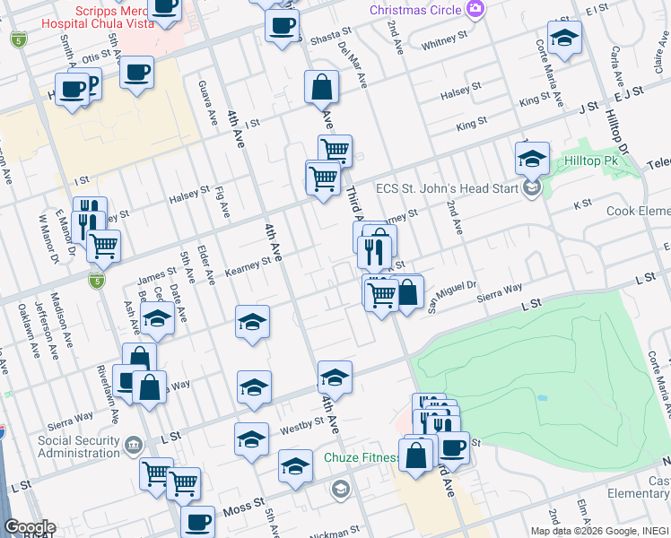 map of restaurants, bars, coffee shops, grocery stores, and more near 345 K Street in Chula Vista