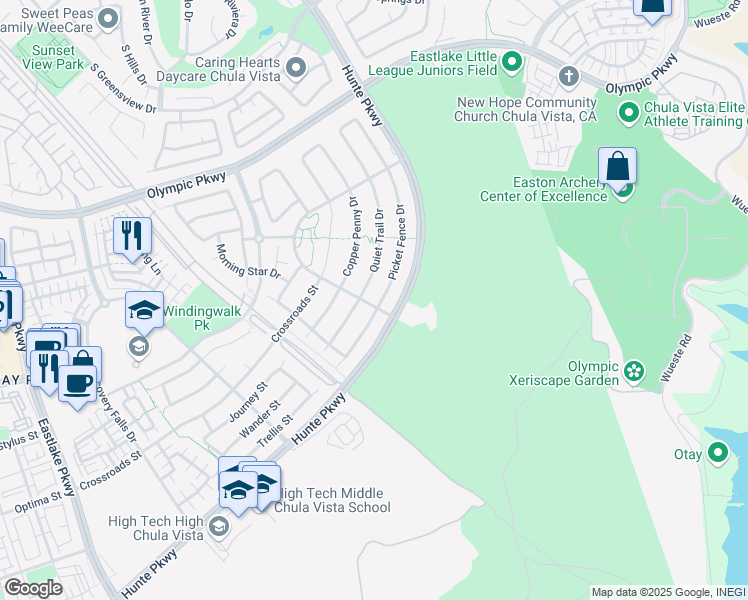 map of restaurants, bars, coffee shops, grocery stores, and more near 1718 Picket Fence Drive in Chula Vista