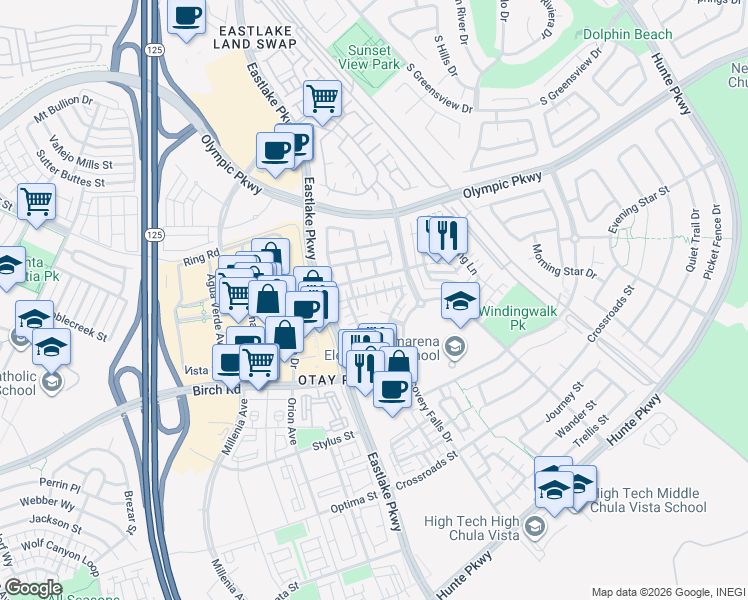 map of restaurants, bars, coffee shops, grocery stores, and more near 1624 Filaree Street in Chula Vista