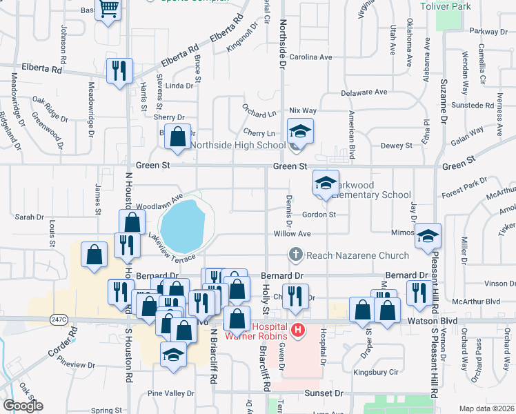 map of restaurants, bars, coffee shops, grocery stores, and more near 115 Briardale Avenue in Warner Robins