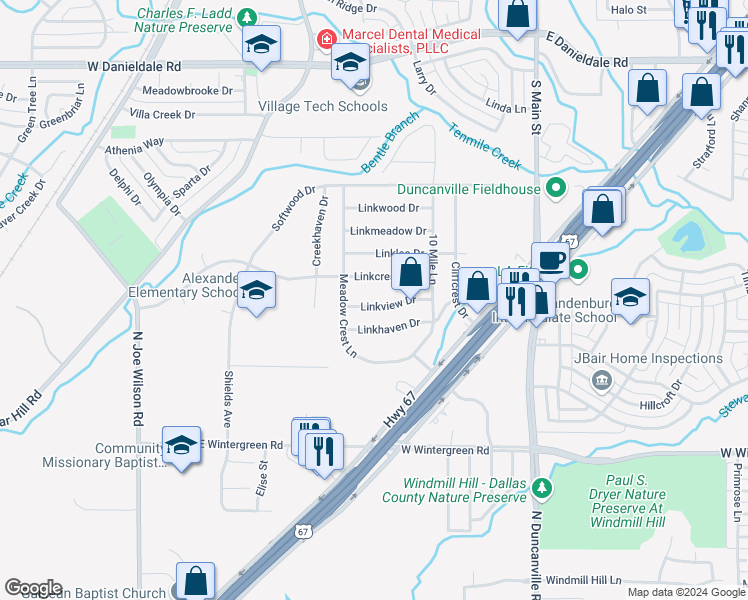 map of restaurants, bars, coffee shops, grocery stores, and more near 347 Linkview Drive in Duncanville
