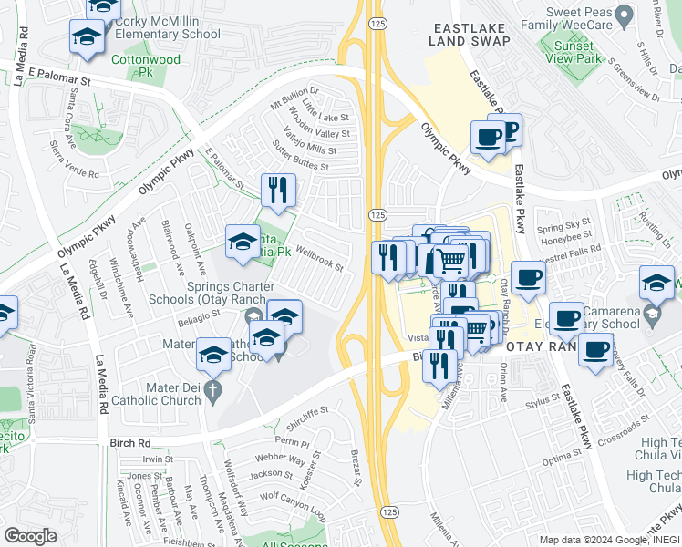map of restaurants, bars, coffee shops, grocery stores, and more near 1570 Bedford Avenue in Chula Vista