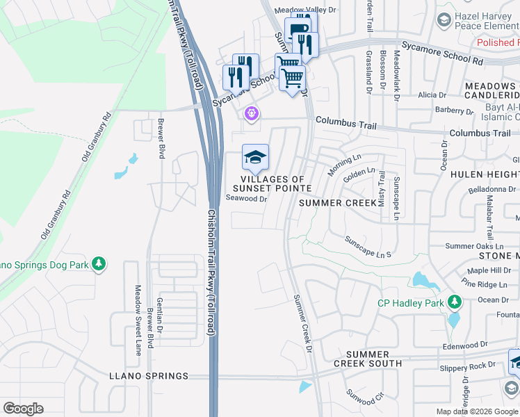 map of restaurants, bars, coffee shops, grocery stores, and more near 5651 Summer Creek Drive in Fort Worth