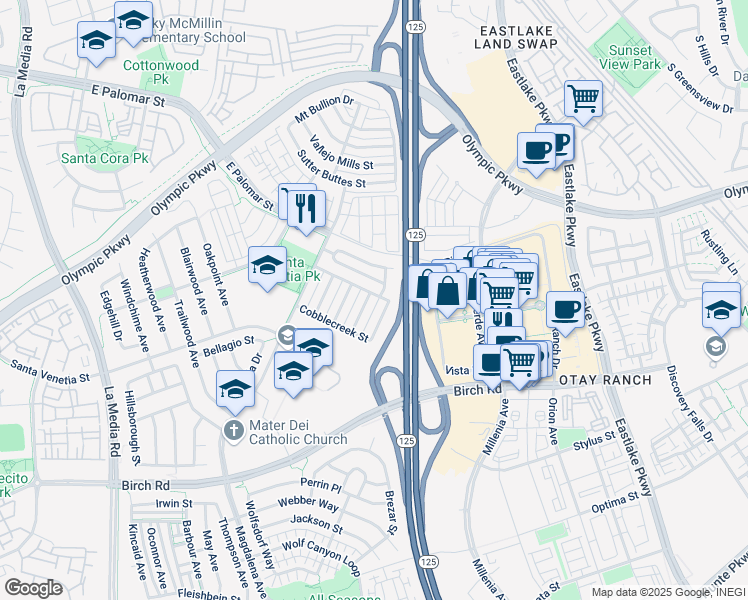 map of restaurants, bars, coffee shops, grocery stores, and more near 1570 Bedford Avenue in Chula Vista
