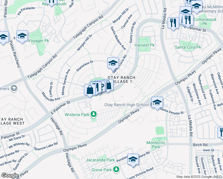 map of restaurants, bars, coffee shops, grocery stores, and more near 1401 East Palomar Street in Chula Vista