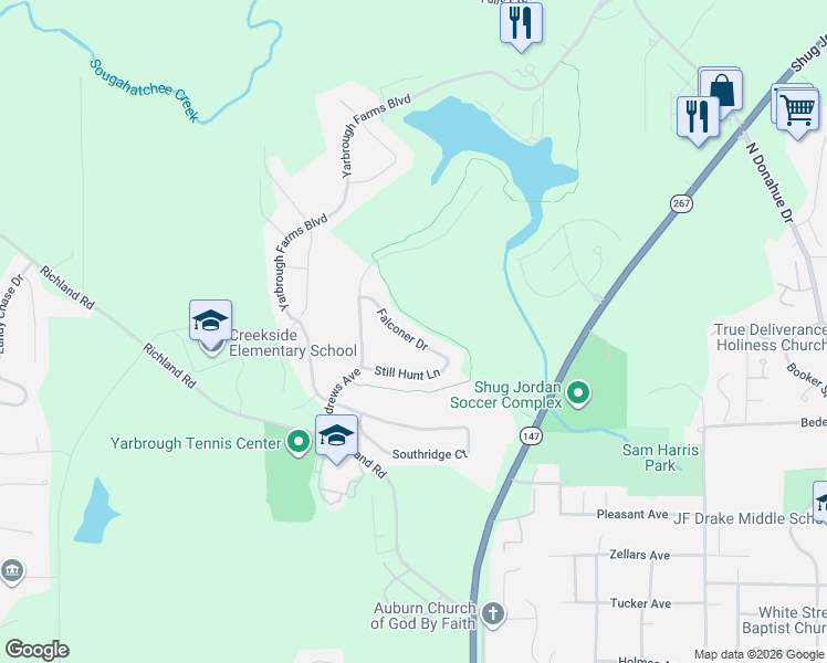 map of restaurants, bars, coffee shops, grocery stores, and more near Andrews Avenue in Auburn