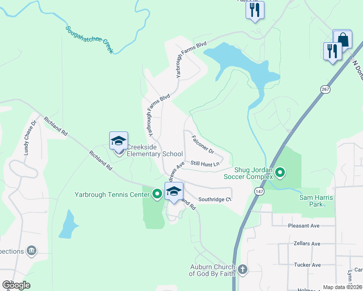 map of restaurants, bars, coffee shops, grocery stores, and more near Southridge Court in Auburn