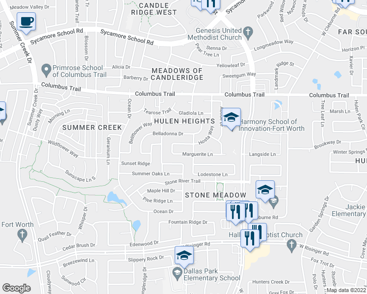 map of restaurants, bars, coffee shops, grocery stores, and more near 4615 Marguerite Lane in Fort Worth