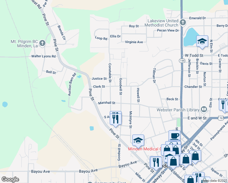 map of restaurants, bars, coffee shops, grocery stores, and more near 604 Constable Street in Minden