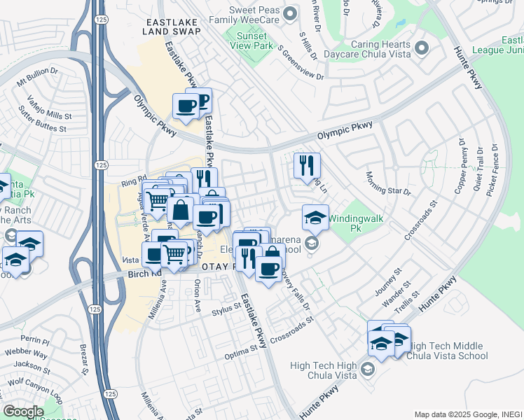 map of restaurants, bars, coffee shops, grocery stores, and more near 1626 Cliff Rose Drive in Chula Vista
