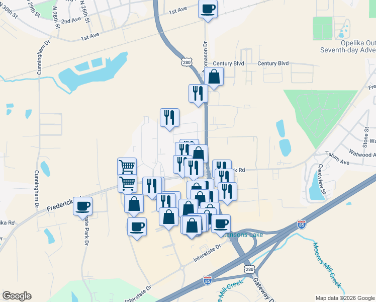 map of restaurants, bars, coffee shops, grocery stores, and more near 2101 Henderson Drive in Opelika
