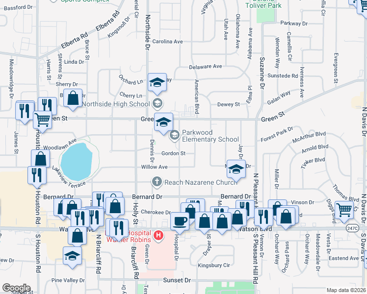 map of restaurants, bars, coffee shops, grocery stores, and more near 501-507 Parkwood Drive in Warner Robins