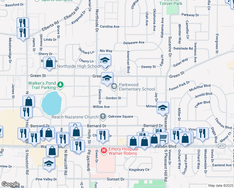 map of restaurants, bars, coffee shops, grocery stores, and more near 503 Parkwood Drive in Warner Robins