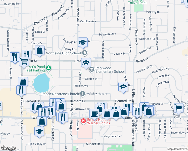 map of restaurants, bars, coffee shops, grocery stores, and more near 503 Parkwood Drive in Warner Robins