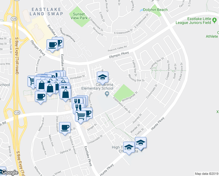 map of restaurants, bars, coffee shops, grocery stores, and more near 2261 Adventure Lane in Chula Vista
