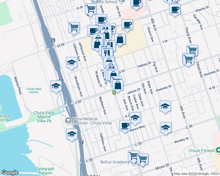 map of restaurants, bars, coffee shops, grocery stores, and more near in Chula Vista