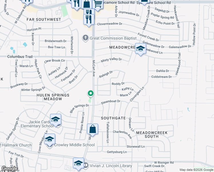 map of restaurants, bars, coffee shops, grocery stores, and more near 8067 Raleigh Court in Fort Worth