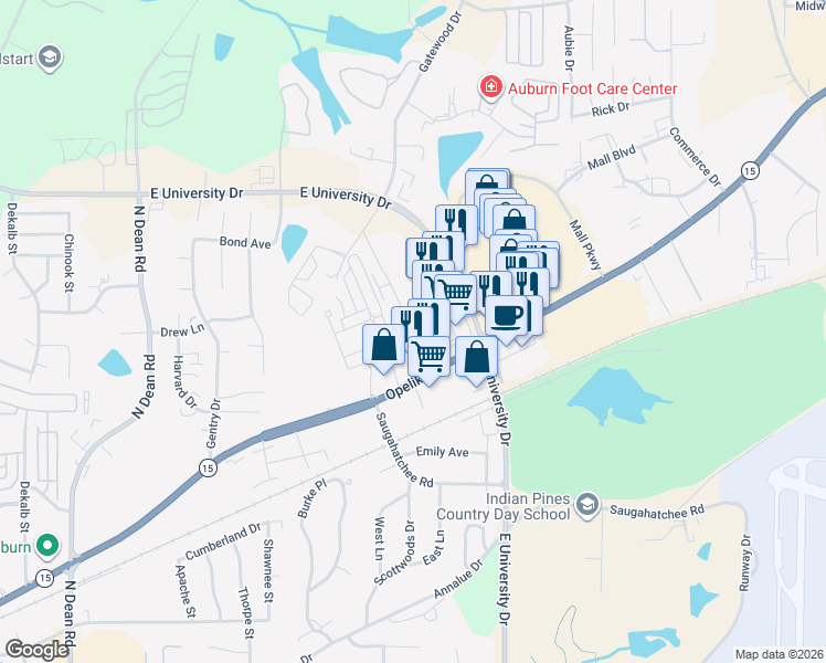 map of restaurants, bars, coffee shops, grocery stores, and more near 2047 East University Drive in Auburn